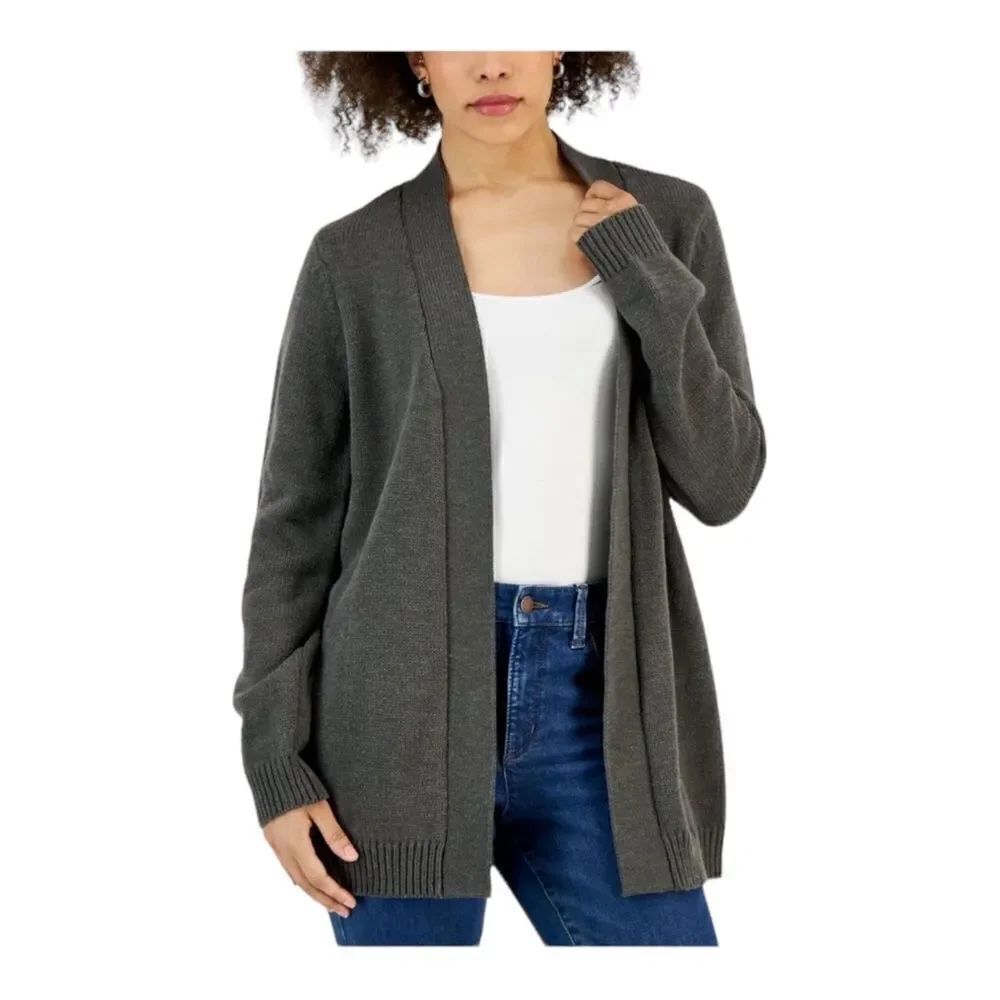 Karen Scott Womens Open Front Cardigan Charcoal Heather Petite Small NWT